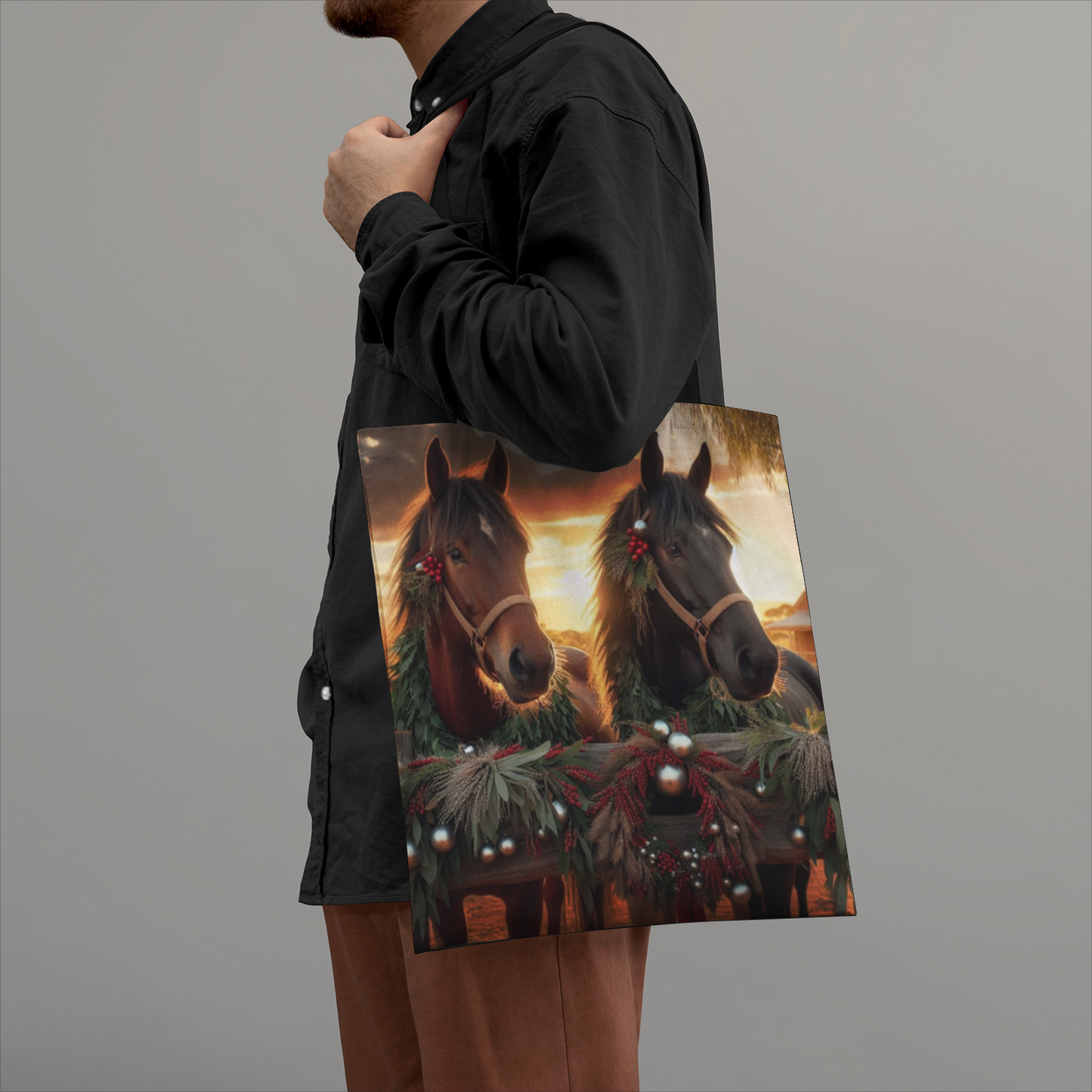 Horses & Christmas Vibes Natural Canvas Tote Bag