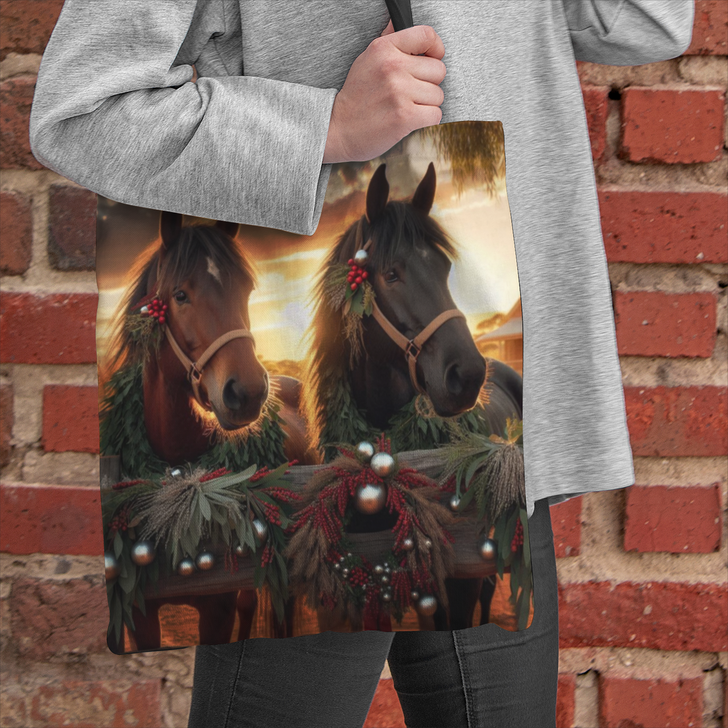 Horses & Christmas Vibes Natural Canvas Tote Bag