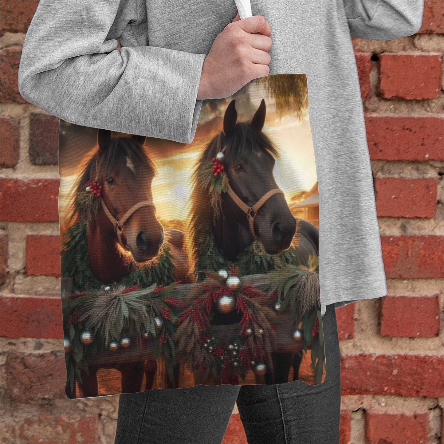 Horses & Christmas Vibes Natural Canvas Tote Bag