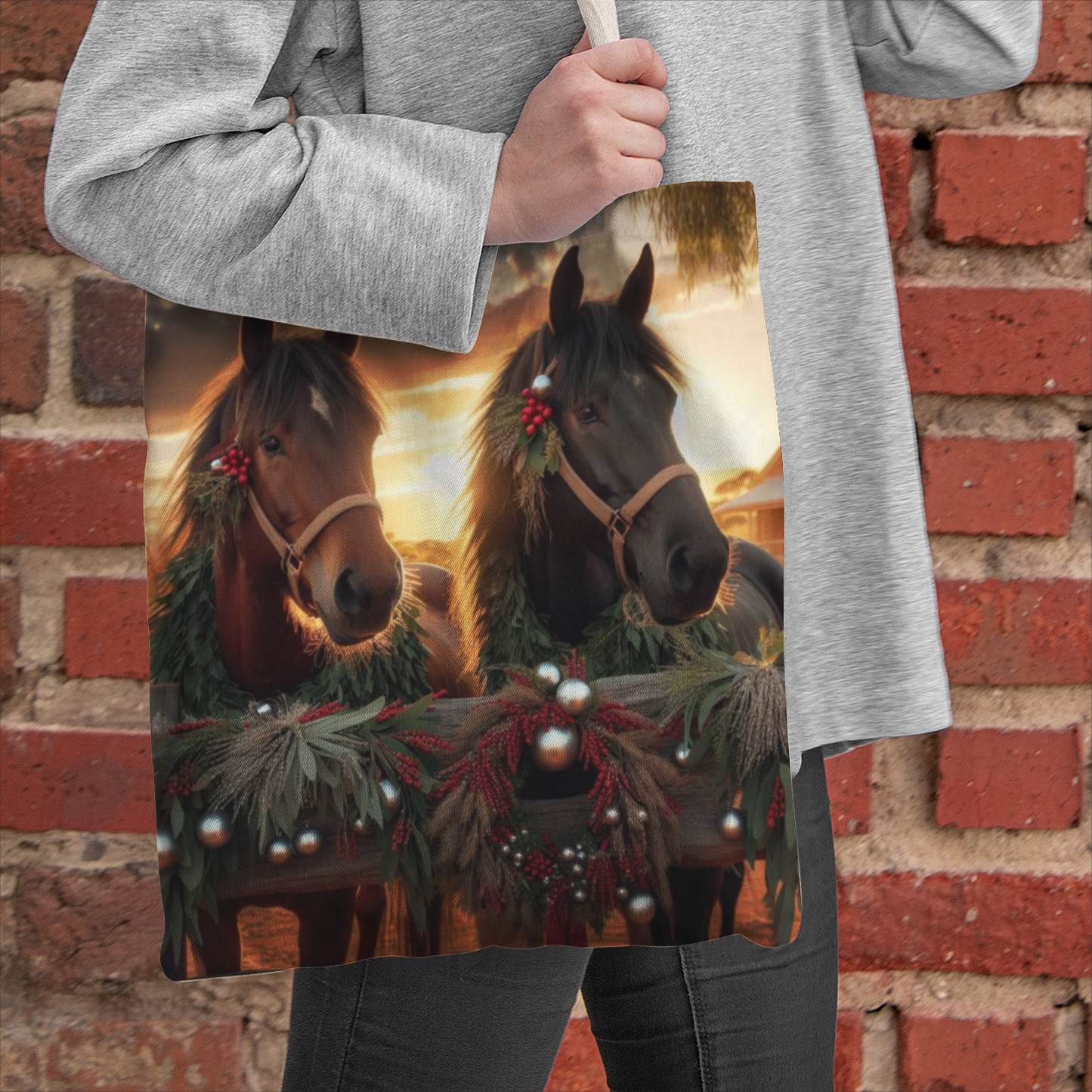 Horses & Christmas Vibes Natural Canvas Tote Bag